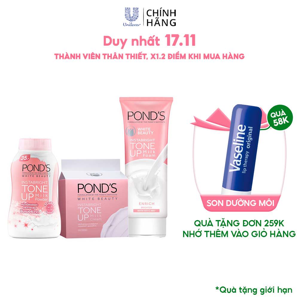 Combo dưỡng trắng nâng tông Pond's White Beauty (kem sữa rửa mặt 100g, phấn phủ 40g và kem sữa 50g)