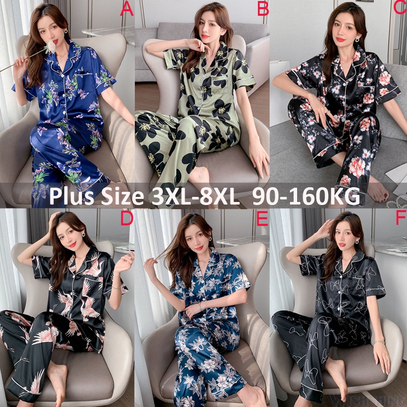 Bộ Đồ Ngủ Bằng Lụa Satin Tay Ngắn Plus Size 3XL-8XL Dành Cho Nữ