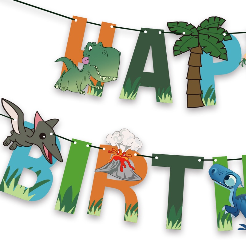 Bong bóng cao su/Cờ biểu ngữ Happy Birthday chủ đề khủng long dễ thương trí tiệc sinh nhật cho trẻ (có bán lẻ)