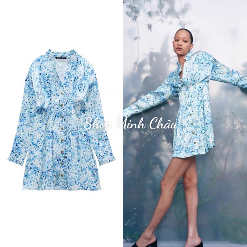 (Sẵn) Váy lụa hoa xanh cổ bèo Zarraa canh sale