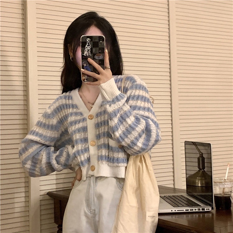 Áo khoác cardigan BH dệt kim tay dài kẻ sọc kiểu vintage Hàn Quốc thời trang 2022 cho nữ