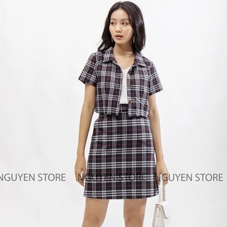 Set váy nữ chân váy, áo cổ vest mix chân váy lưng cao sọc kẻ kiểu dáng thời trang trẻ trung.