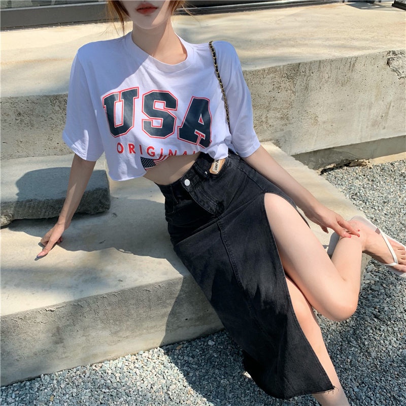 Set Áo Thun Ngắn Tay Và Chân váy jean Xẻ Tà Thời Trang Dành Cho Nữ