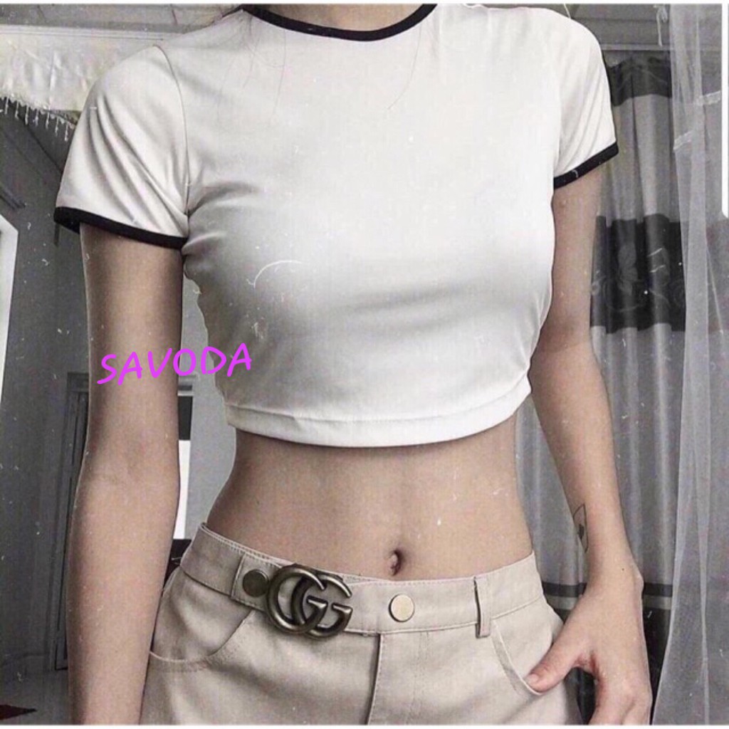 [VIDEO ẢNH THẬT] Áo Croptop Ôm Trắng Đen Viền Cổ Dễ Thương AP89