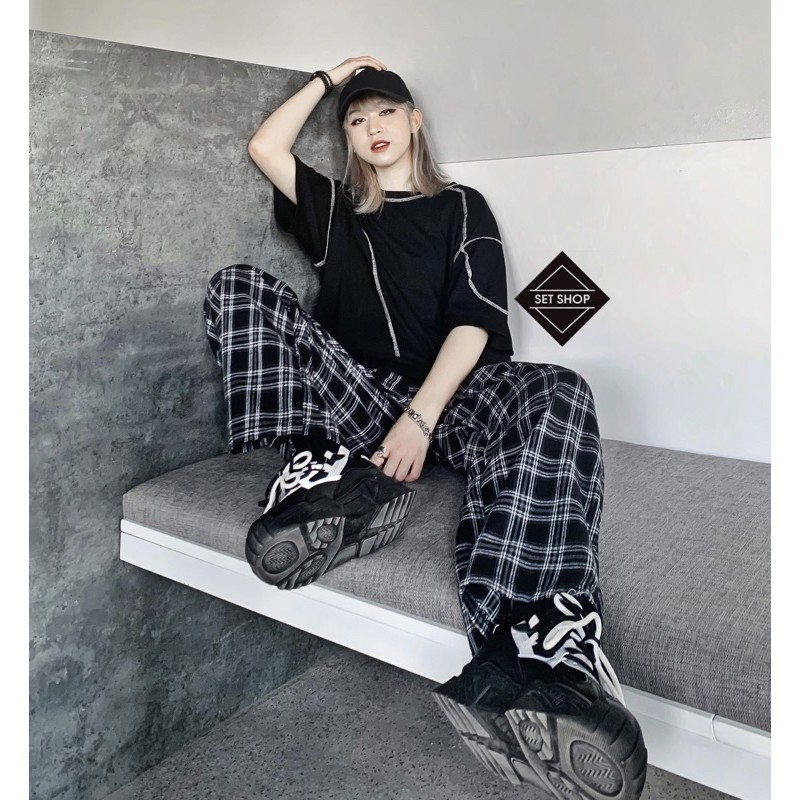 Quần kẻ caro nền đen kẻ trắng