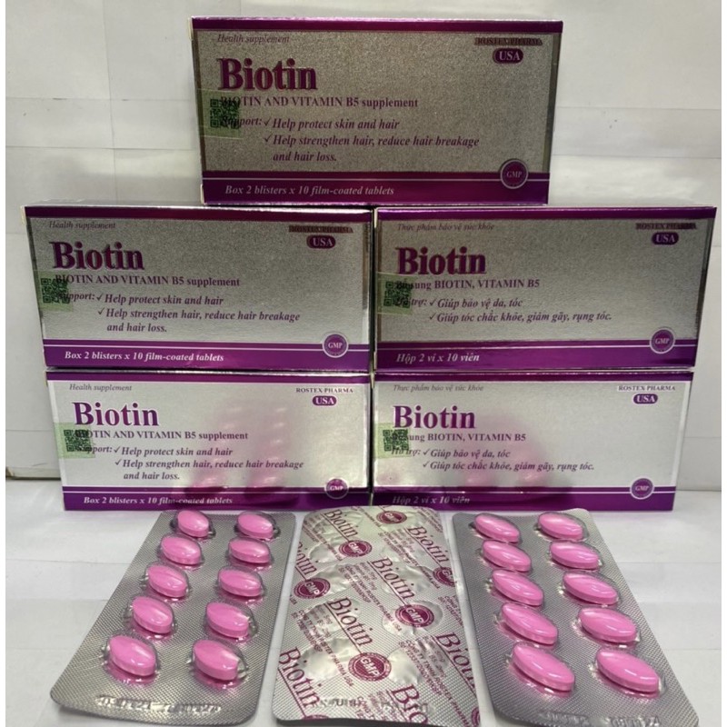Viên uống BIOTIN bổ sung biotin+vitamin B5 giúp giảm rụng tóc, bảo vệ da, chắc móng – Hộp 60 viên