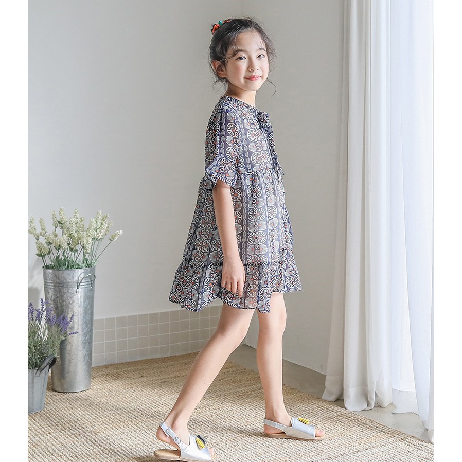 Đầm tiểu thư cổ nơ voan hoa - Đầm thiết kế cao cấp bé gái 7-12 tuổi