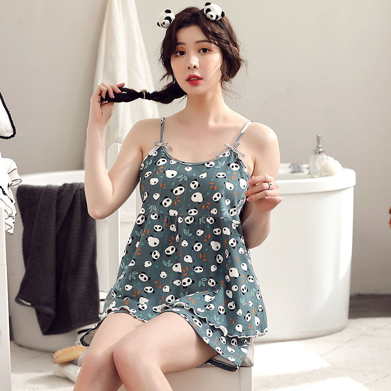 [Ready Stock]Sling Plaid Floral Sleepwear Women Short Sleeve Pyjamas Set Cute Cotton Pajamas