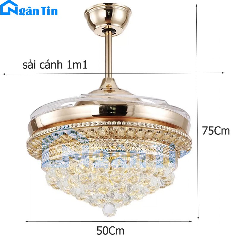 Quạt Trần Đèn Chùm Pha Lê Trang trí Phòng Khách Cao Cấp QT883 Ngân Tin (Kèm remote điều khiển từ xa)