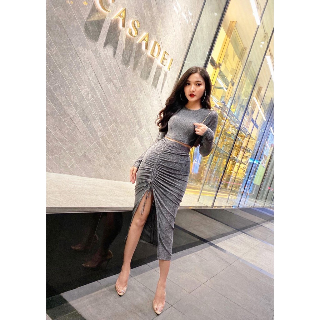 Sét đầm body rời áo tay dài kết hợp chân váy rút dây -MM.B762