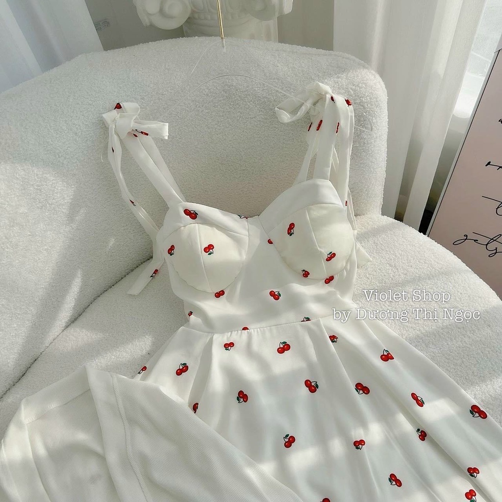 Sét áo khoác gân tăm phối váy đầm nữ màu trắng hai dây họa tiết chery dễ thương