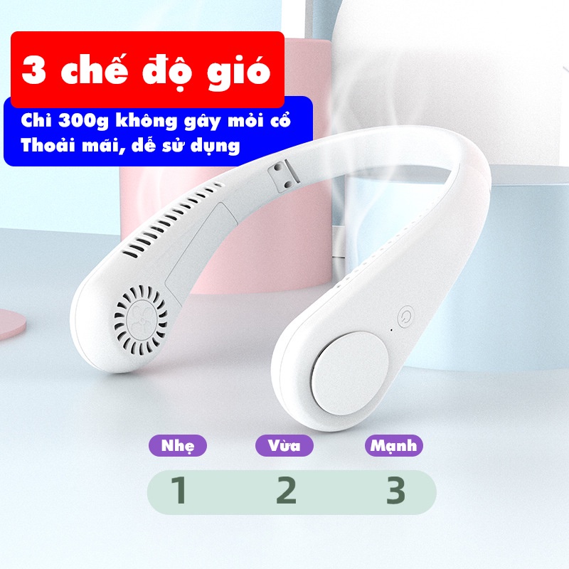 Quạt Đeo Cổ Tích Điện Không Cánh Mini 3 Cấp Độ, Gió Đa Chiều Chạy Êm