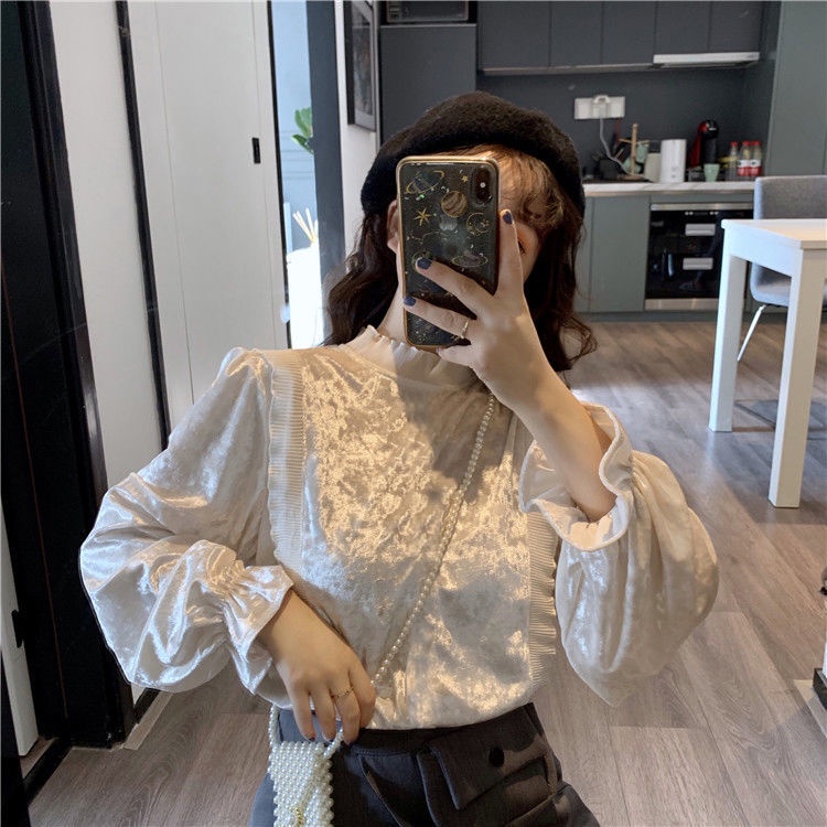 Áo sơ mi nhung tay dài cổ đứng phong cách Hàn Quốc cho nữ