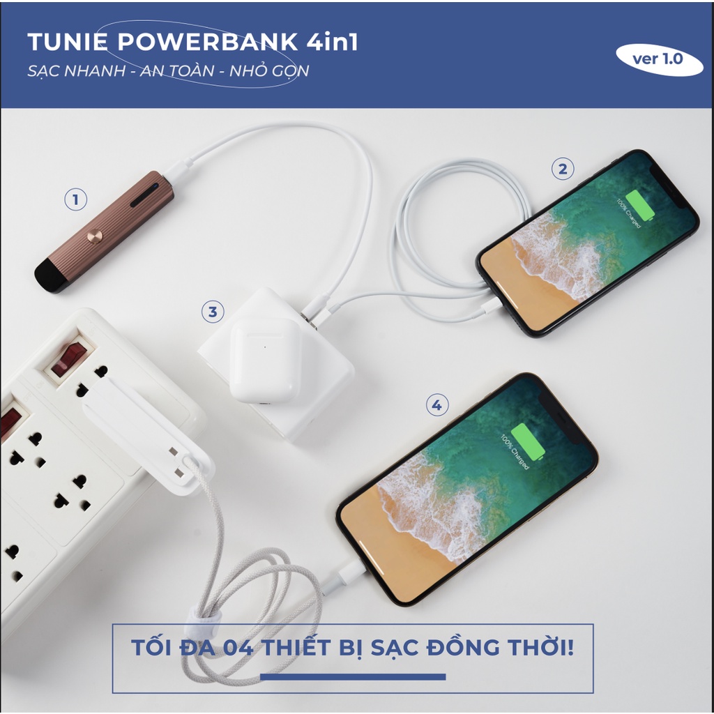 Sạc dự phòng Tunie 4in1 10000mAh hỗ trợ sạc nhanh, sạc không dây, màn LED hiển thị