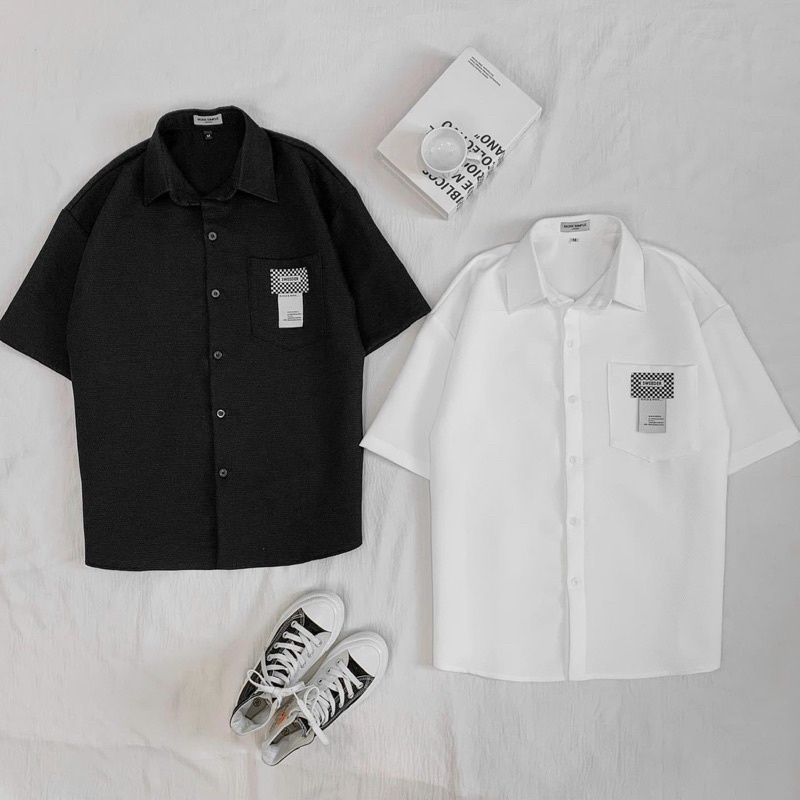 Áo sơmi tay lỡ unisex SWEEDER màu ĐEN/TRẮNG  Nam nữ unisex  Áo Sơ Mi SWD form rộng style Ulzzang