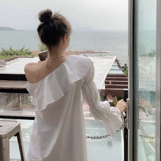Đầm Trễ Vai Tay Dài Nhún Bèo Phong Cách Mới Dành Cho Nữ