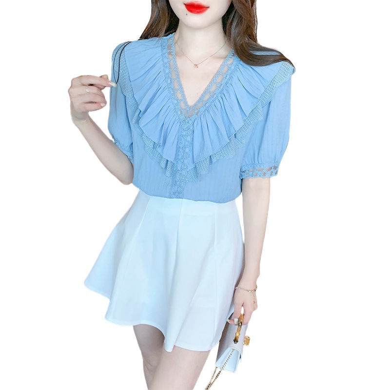 Áo Sơ Mi Ngắn Tay Cổ Chữ v Phối Ren Xinh Xắn Thời Trang 164158 Áo Sơ Mi Phối Bèo Dáng Ôm Phong Cách Hàn Quốc Dễ Phối Đồ Thời Trang