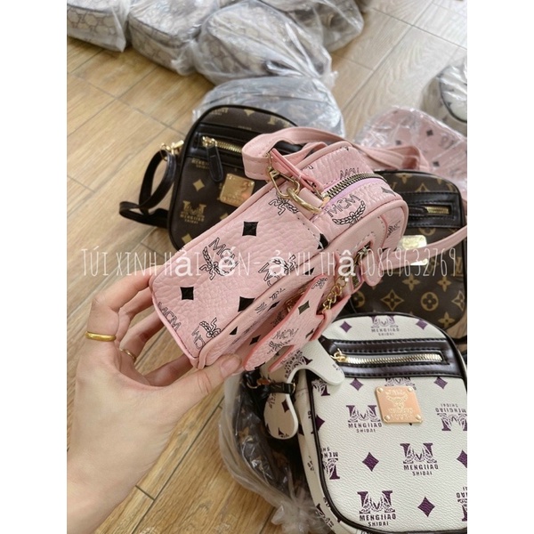 Túi xách nữ, Túi  MCm-Lv đeo chéo in họa tiết tặng kèm móc treo cún( ảnh thật để bàn)