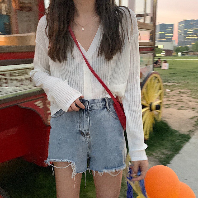 Áo cardigan len mỏng dài tay cổ V thời trang nữ freesize 336 1Z18