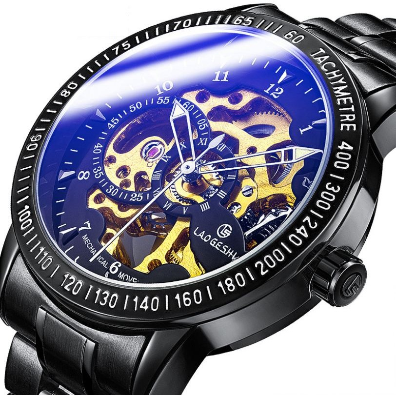 Đồng hồ nam cơ Automatic LAOGESHI lộ máy, mặt kính ánh xanh sang trọng BH 12 tháng - LAOI1