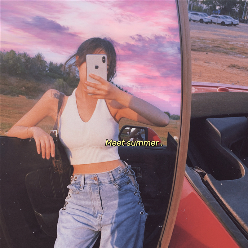 Áo Croptop Dệt Kim Sát Nách Thiết Kế Cổ Chữ V Quyến Rũ Cho Nữ