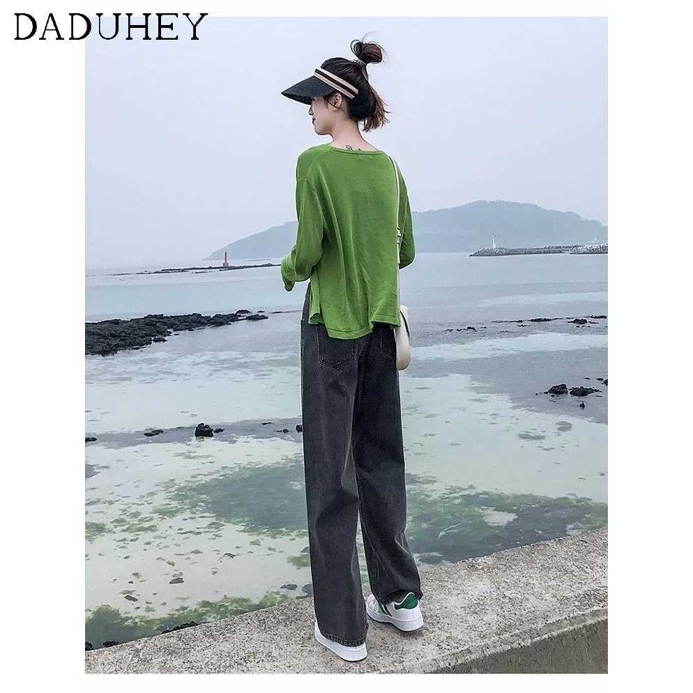 Quần jeans dài daduhey vải denim ống rộng lưng cao có thể điều chỉnh được thời trang dành cho nữ (có thắt lưng)