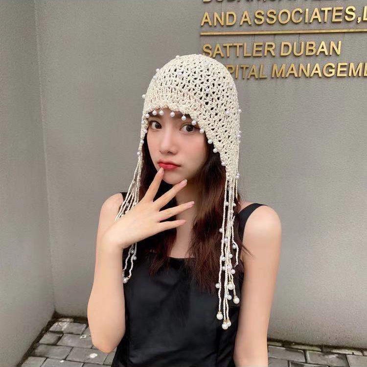Mũ Turban dệt kim đính ngọc trai phong cách dân tộc cổ điển cho nữ