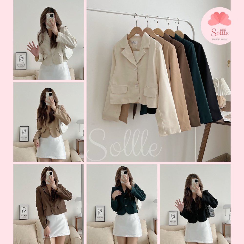 𝗦𝗔𝗟𝗘 Áo vest nữ khoác lửng croptop blazer dài tay trơn nhiều màu có đệm vai Hàn Quốc Sollle