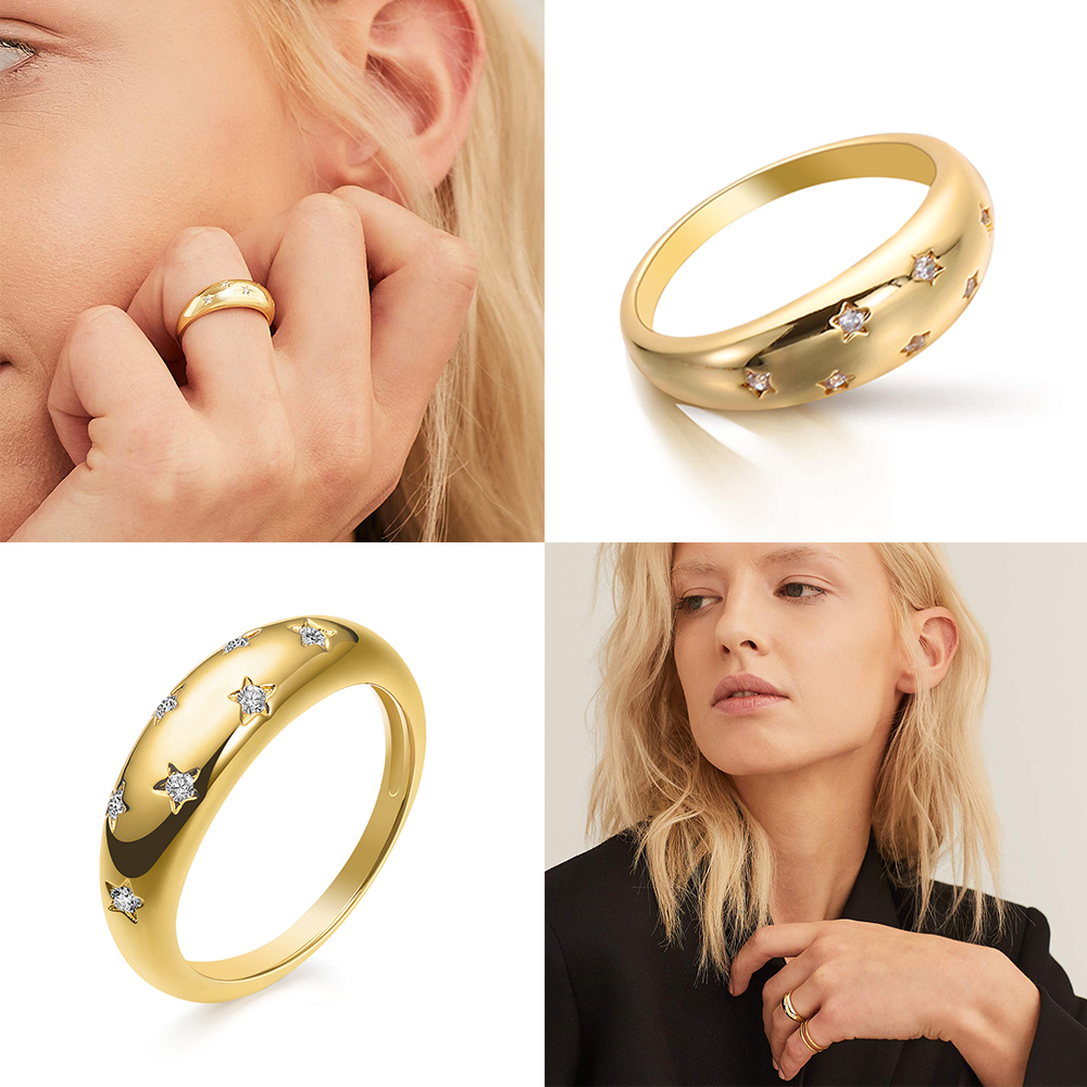 Nhẫn Hình Vòm Đính Đá Zirconia Lấp Lánh Hình Ngôi Sao Thời Trang 18k Cho Nữ|Nhẫn Mạ Bạc Size Từ 6 Đến 10
