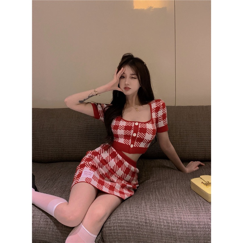 Cocory vn Set Áo Croptop Cổ Vuông + Chân Váy Lưng Cao Họa Tiết Sọc Caro Thời Trang Mùa Hè Quyến Rũ