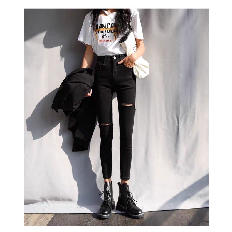 Quần jeans 9 Tấc BigSize co dãn mạnh, lưng cao, màu đen tuyền rách SoLe 4263 MLJ