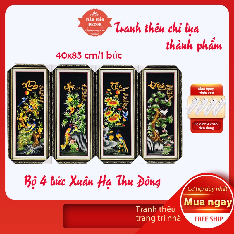 Tranh treo tường phòng khách, Tranh thêu Tứ quý Xuân hạ thu đông chưa khung