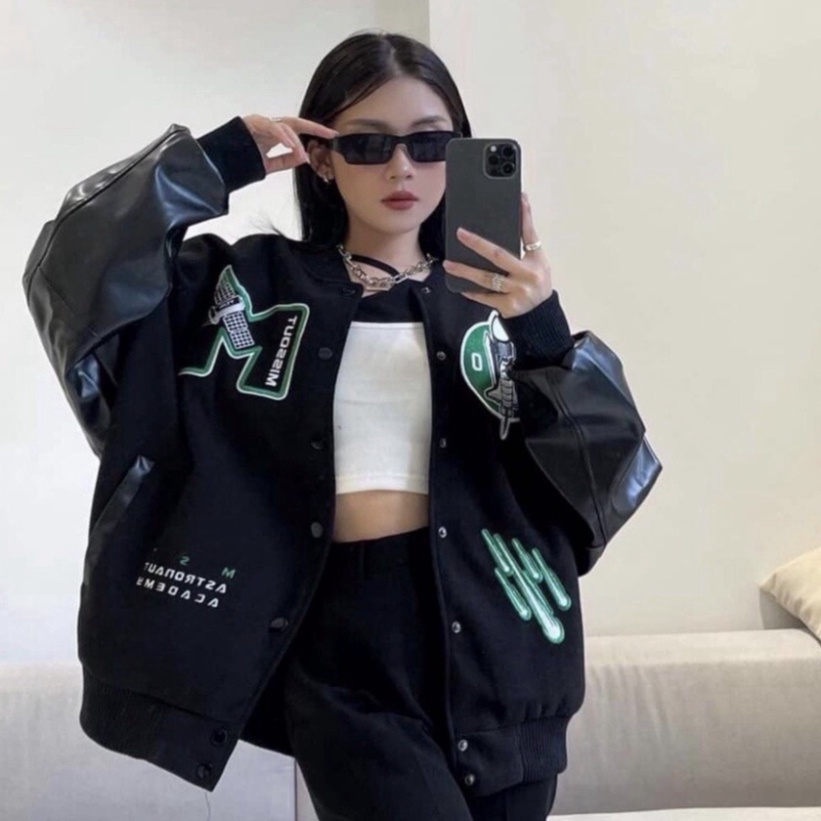 Áo khoác bomber Miss Out Varsity Jacket vải nỉ phối tay da, áo bomber bóng chày nam nữ unisex form rộng