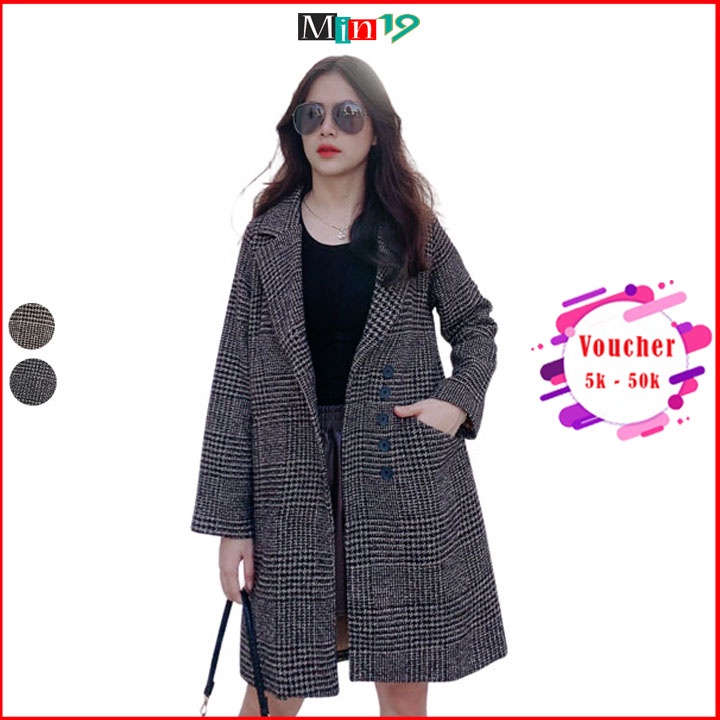 Áo vest nữ blazer công sở Hàn Quốc 2 lớp kẻ caro dáng dài form rộng bigsize cá tính màu đen nâu thời trang