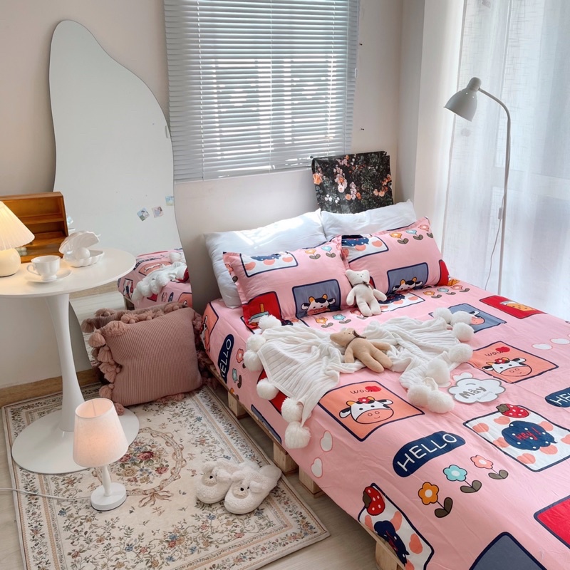 Bộ ga gối Cotton Poly màu cam đào hoạ tiết trái tim khủng long cá heo bò sữa MÂY BEDDING
