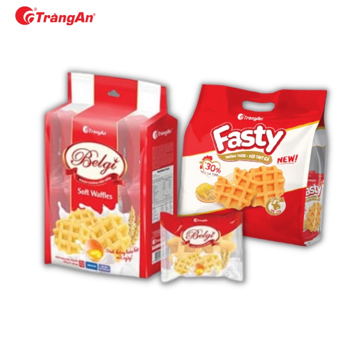 Combo CB6: 1 túi Bánh quy mềm vị trứng sữa Belgi 230g, và 1 gói bánh trứng ruốc thịt gà Fasty 156g, thương hiệu Tràng An