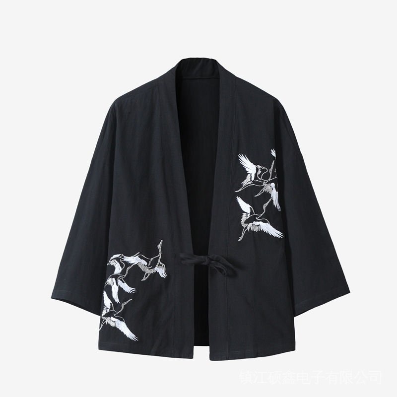 Áo Khoác Kimono Tay Ngắn Chất Liệu Vải Lanh Mỏng In Họa Tiết Chim Hạc Phong Cách Trung Hoa Cổ Điển Cho Nam