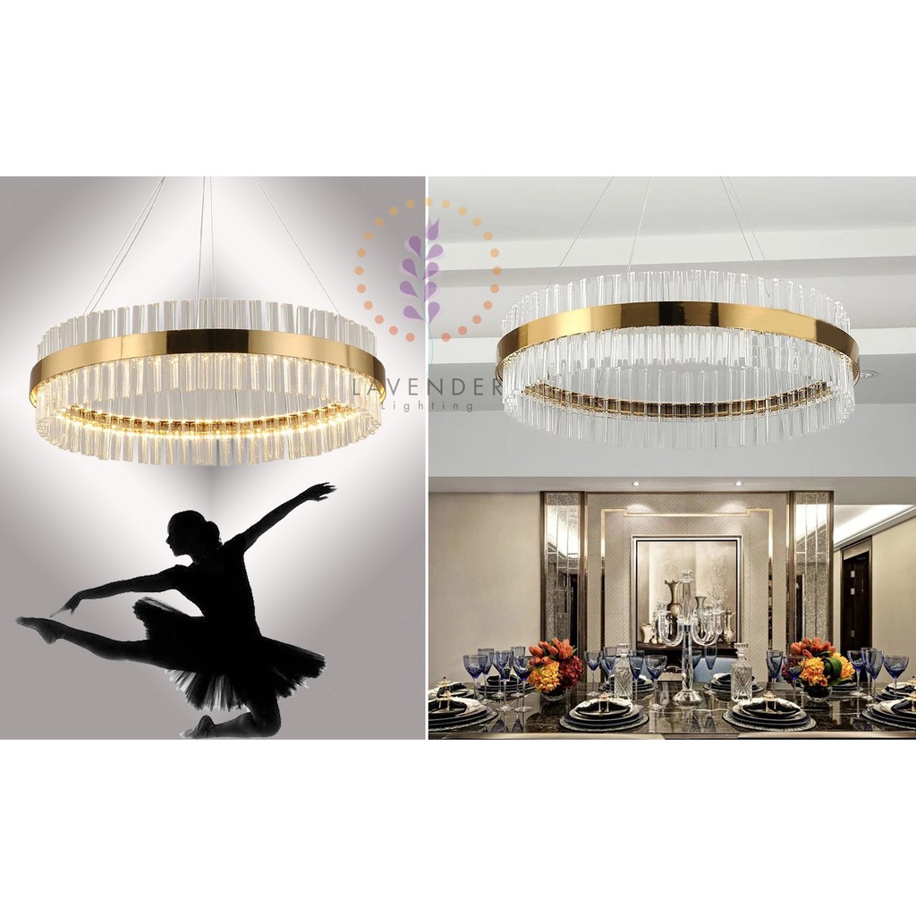 Đèn thả Pha lê vòng tròn mạ đồng cao cấp pha lê tam giác đơn