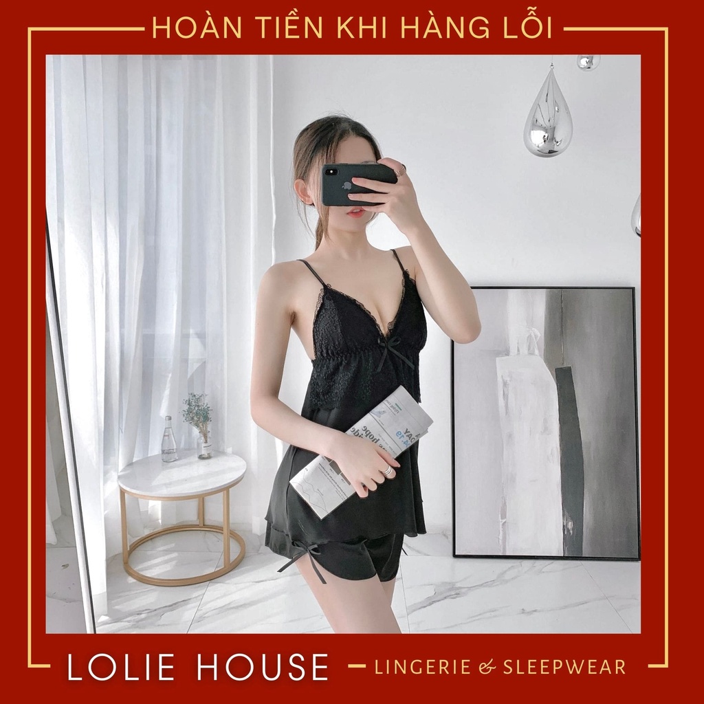Bộ ngủ 2 dây lụa satin phối ren Đồ bộ ngủ 2 dây phối ren chất lụa satin LOLIE HOUSE - SS19