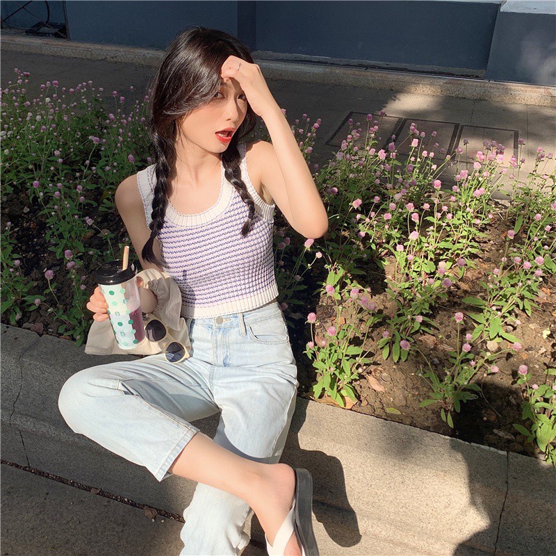 Áo dệt kim Pure Cube sát nách hoạ tiết kẻ sọc thời trang dành cho phái nữ