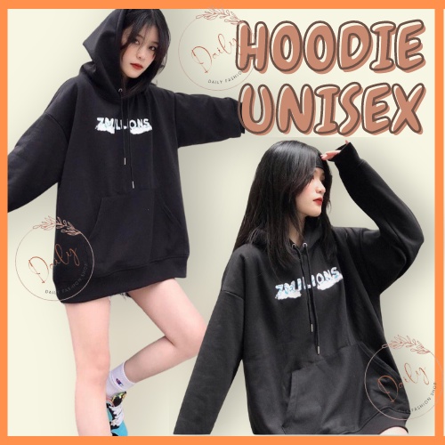 Áo HOODIE Dài Tay Nỉ Bông Unisex Nam Nữ Form Rộng Ấm Áp Màu Đen