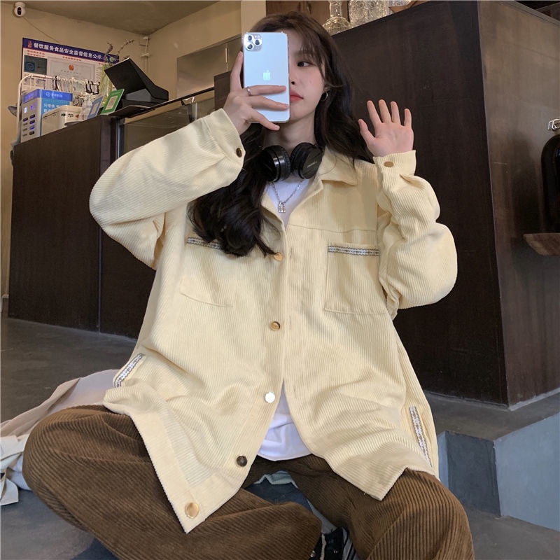 Áo Khoác Nhung Kẻ Màu Vàng Sữa Phong Cách Retro Pháp Dành Cho Nữ