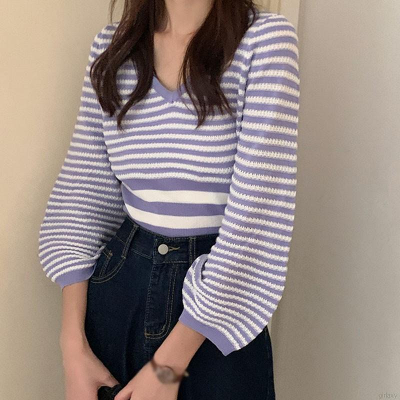 Áo Croptop Dệt Kim Tay Dài Cổ Chữ V Phong Cách Hàn Quốc