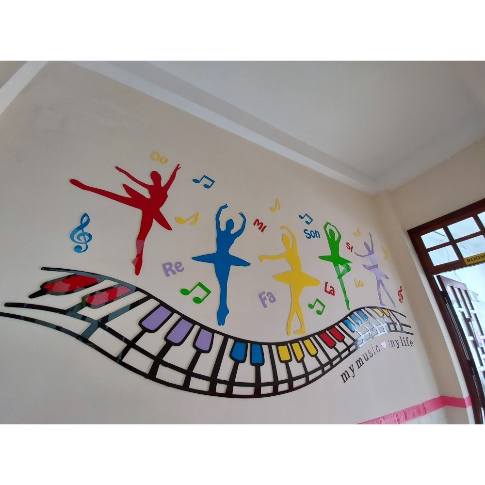 Tranh dán tường mica 3d decor khổ lớn múa trên những phím đàn trang trí mầm non, phòng cho bé Nhiều Size - EPeBen