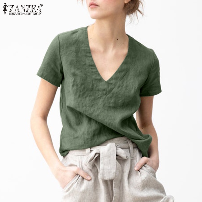Áo kiểu ZANZEA tay ngắn cổ chữ V dáng rộng màu trơn dành cho nữ