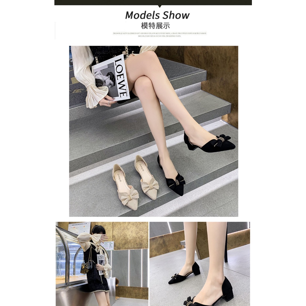 Single Shoes Female Spring And Autumn 2021 New Pointed Thick With Fairy Shoes Warm With Sweet Bow Hollow Women's Shoes