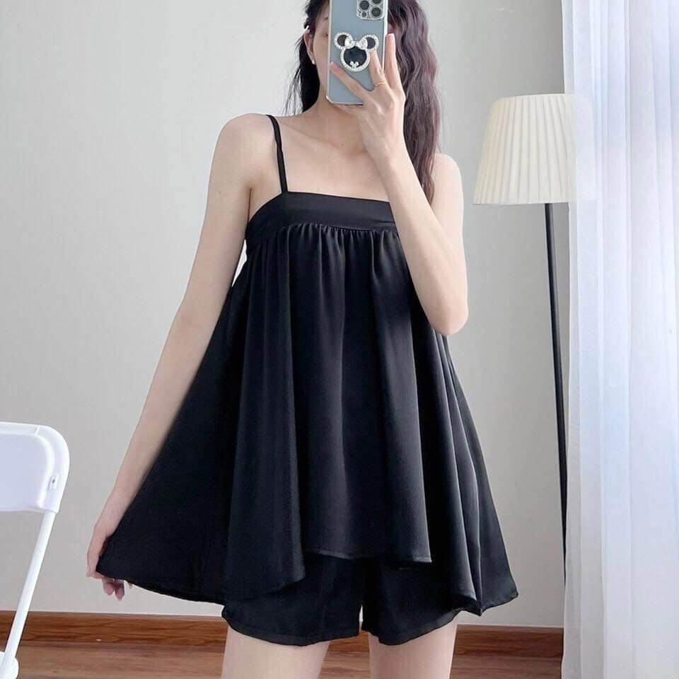 Đồ Ngủ Lụa Latin Hai Dây Dáng Dài, Bộ Ngủ Nhún ngực Bảng To, Quần Đùi Sexy Cao Cấp