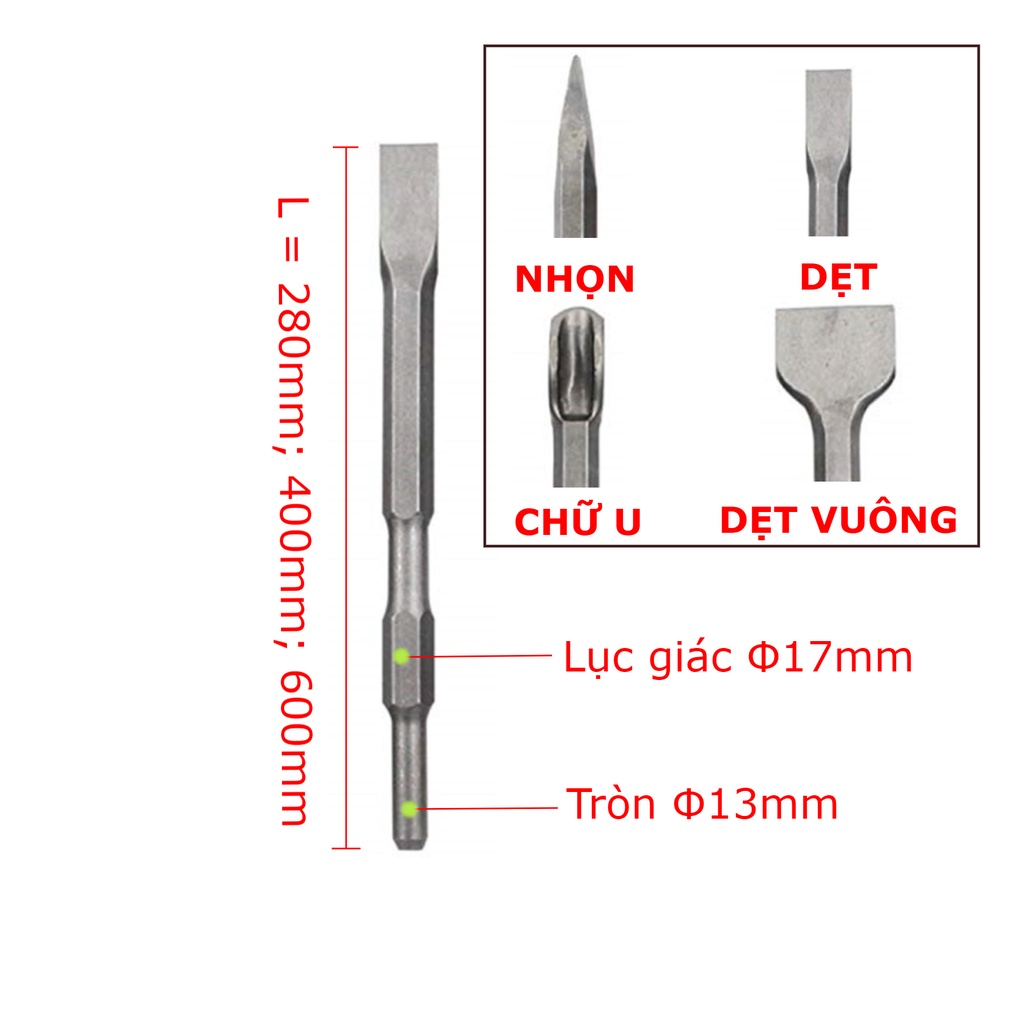 Mũi đục bê tông chuôi lục giác chuyên dụng cho máy khoan đục 0810 siêu cứng, dài đến 60CM