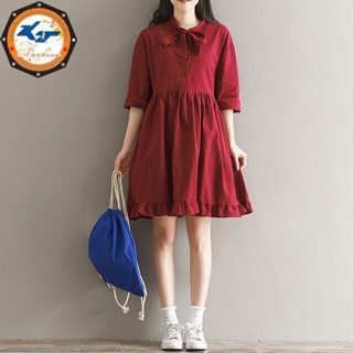 ĐẦM Linen Babydoll ĐỎ ĐÔ CỔ NƠ