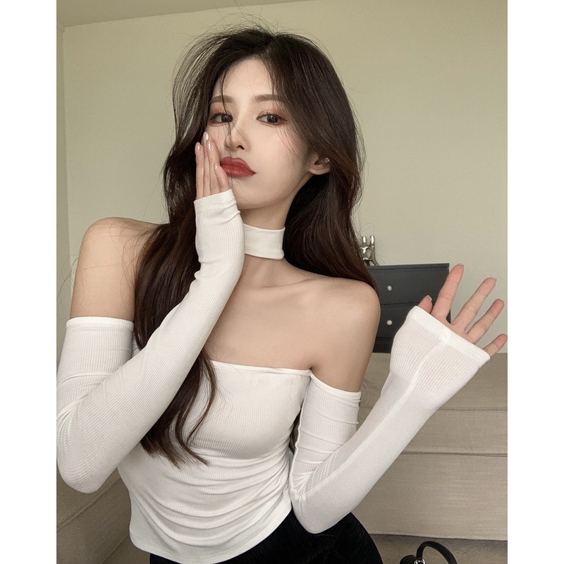 Cocory vn Áo Croptop Trễ Vai Tay Dài Màu Trơn Thiết Kế Hợp Thời Trang Cho Phái Nữ